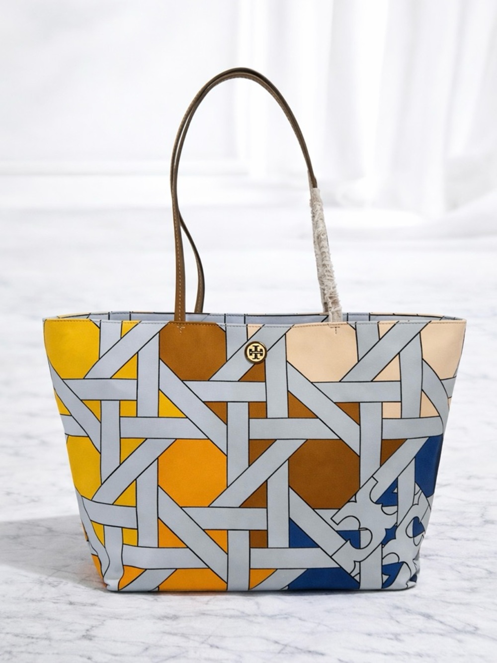 TORY BURCH NYLON PRINTED TOTE BAG - BLUE BASKETWEAVE
